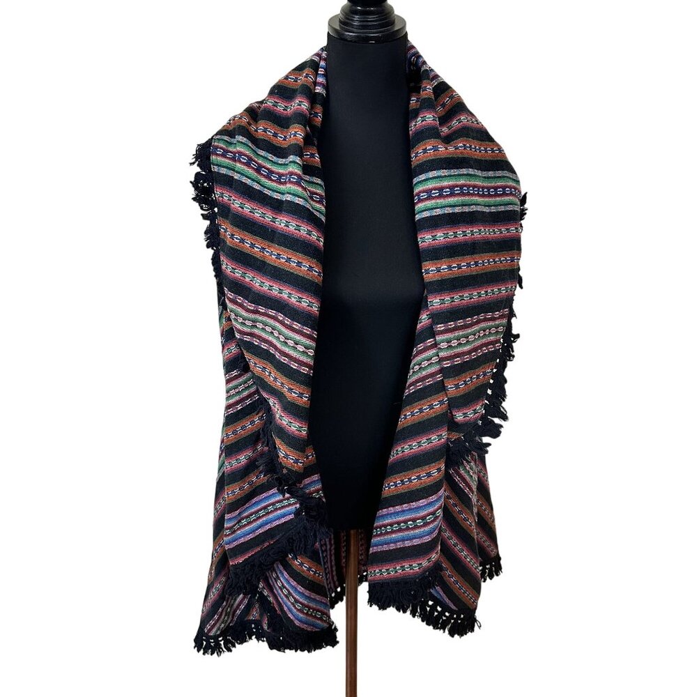 Handwoven Multicolor Striped Womens Vest Medium Poncho Fringe Ehnic Boho Cotton